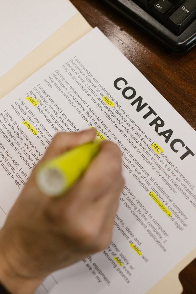 Focused view of a person highlighting text in a contract document on a wooden office desk.